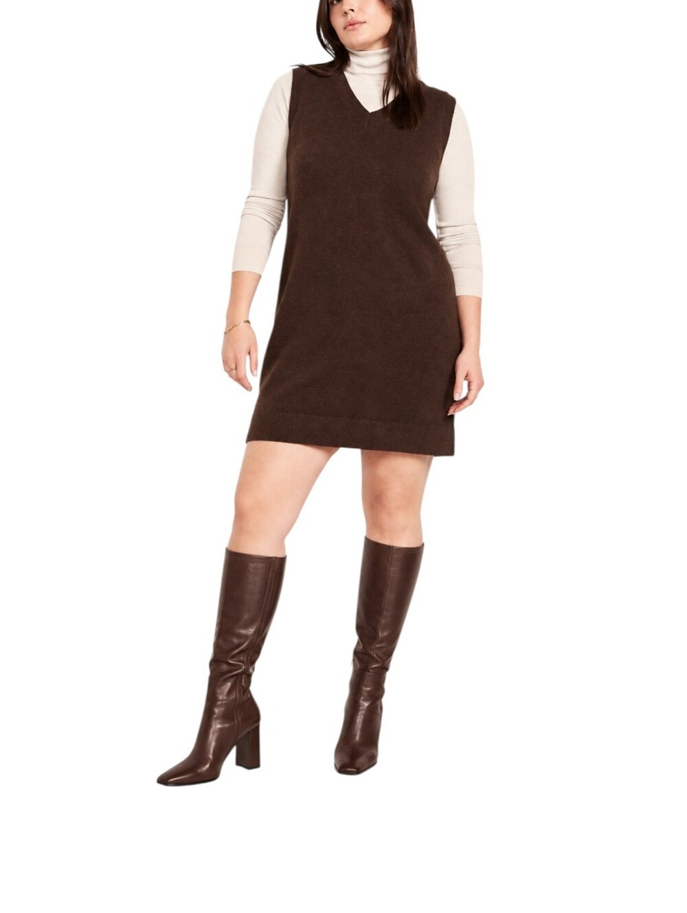V Neck Sleeveless Sweater Mini Dress M Brown Cozy Fall Preppy Coquette NormCore